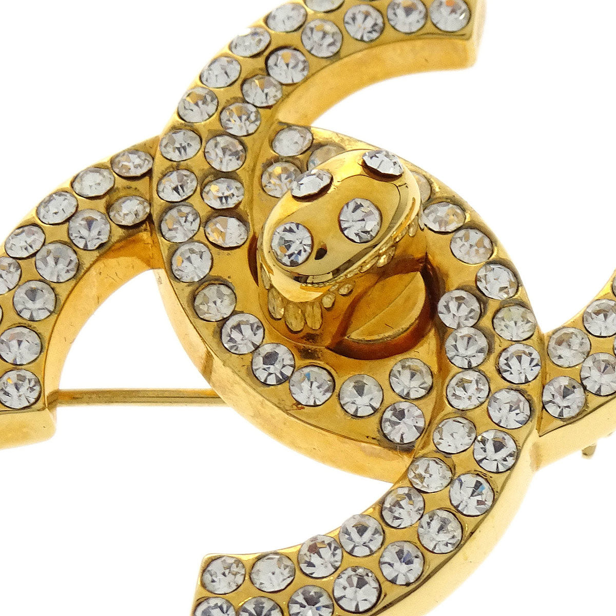 Chanel CC Turnlock Rhinestone Charm Brooch Pin Gold 97P