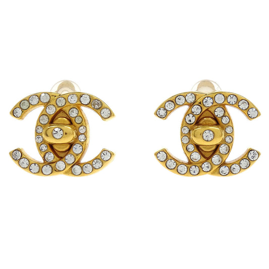 Chanel CC Turnlock Earrings Clip-On Gold Small Rhinestone 96A