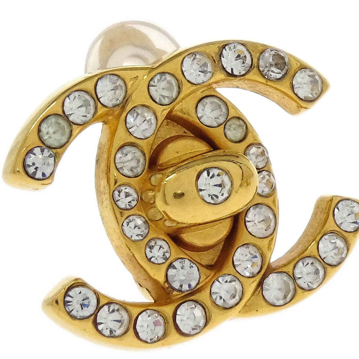Chanel CC Turnlock Earrings Clip-On Gold Small Rhinestone 96A