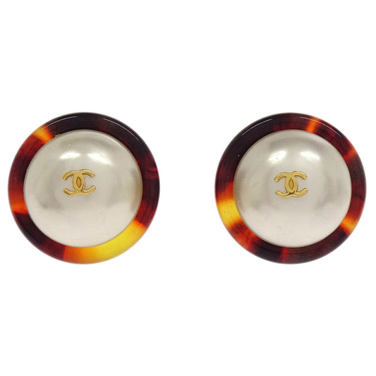 Chanel Button Earrings Clip-On Gold White Brown Costume Pearl 97P