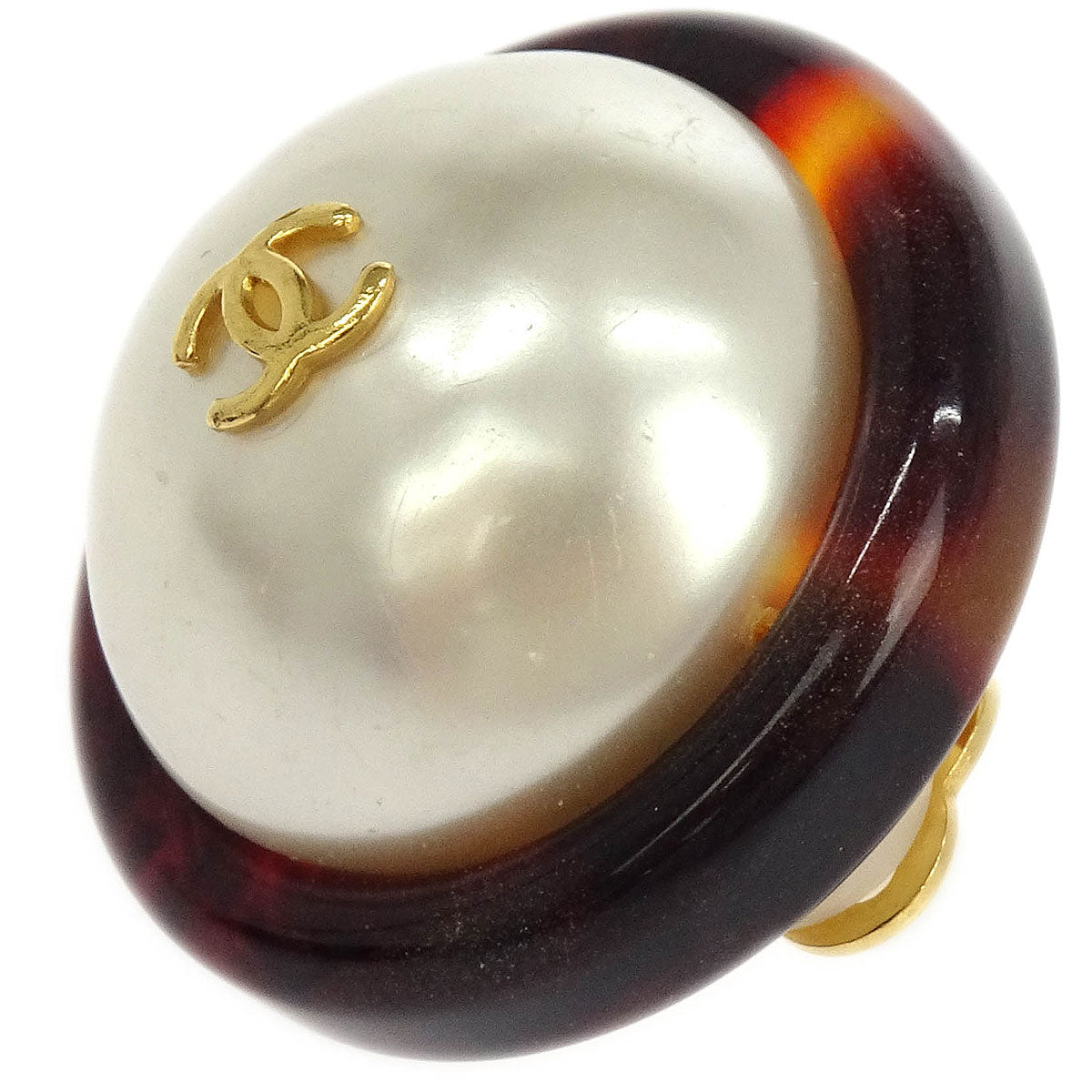 Chanel Button Earrings Clip-On Gold White Brown Costume Pearl 97P