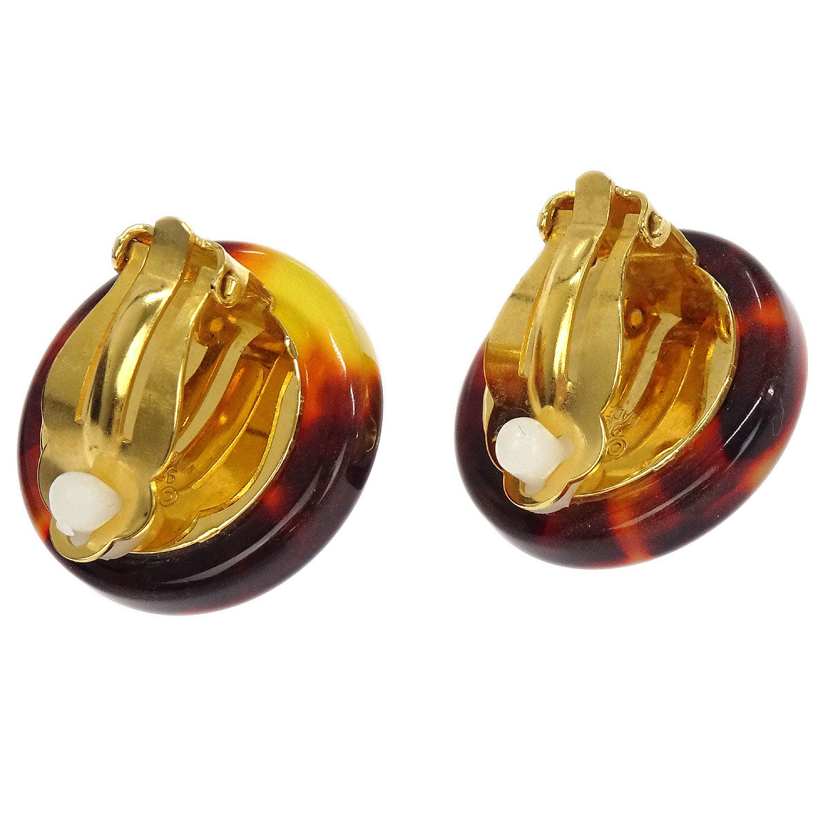Chanel Button Earrings Clip-On Gold White Brown Costume Pearl 97P