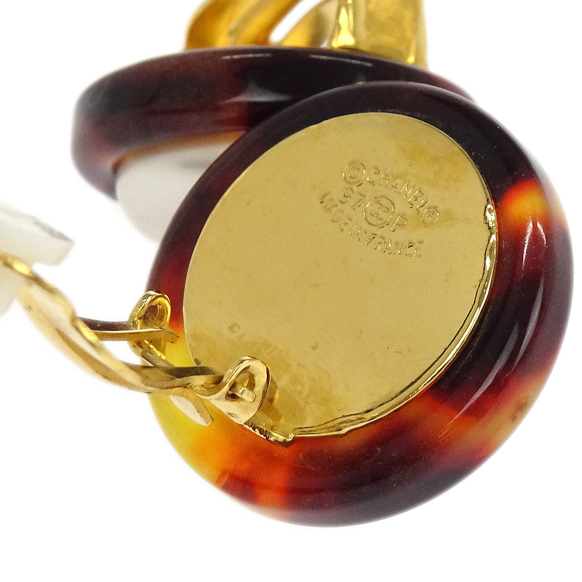 Chanel Button Earrings Clip-On Gold White Brown Costume Pearl 97P