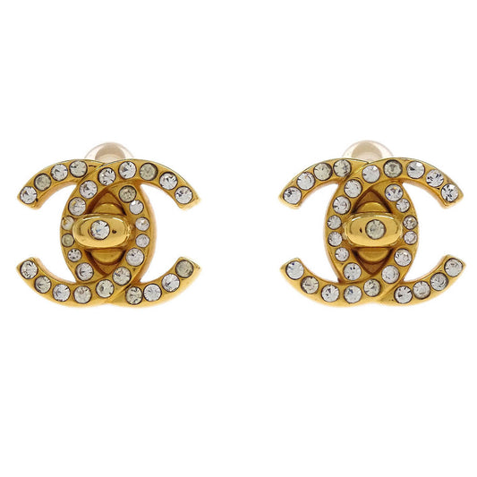 Chanel CC Turnlock Earrings Clip-On Gold Small Rhinestone 96A