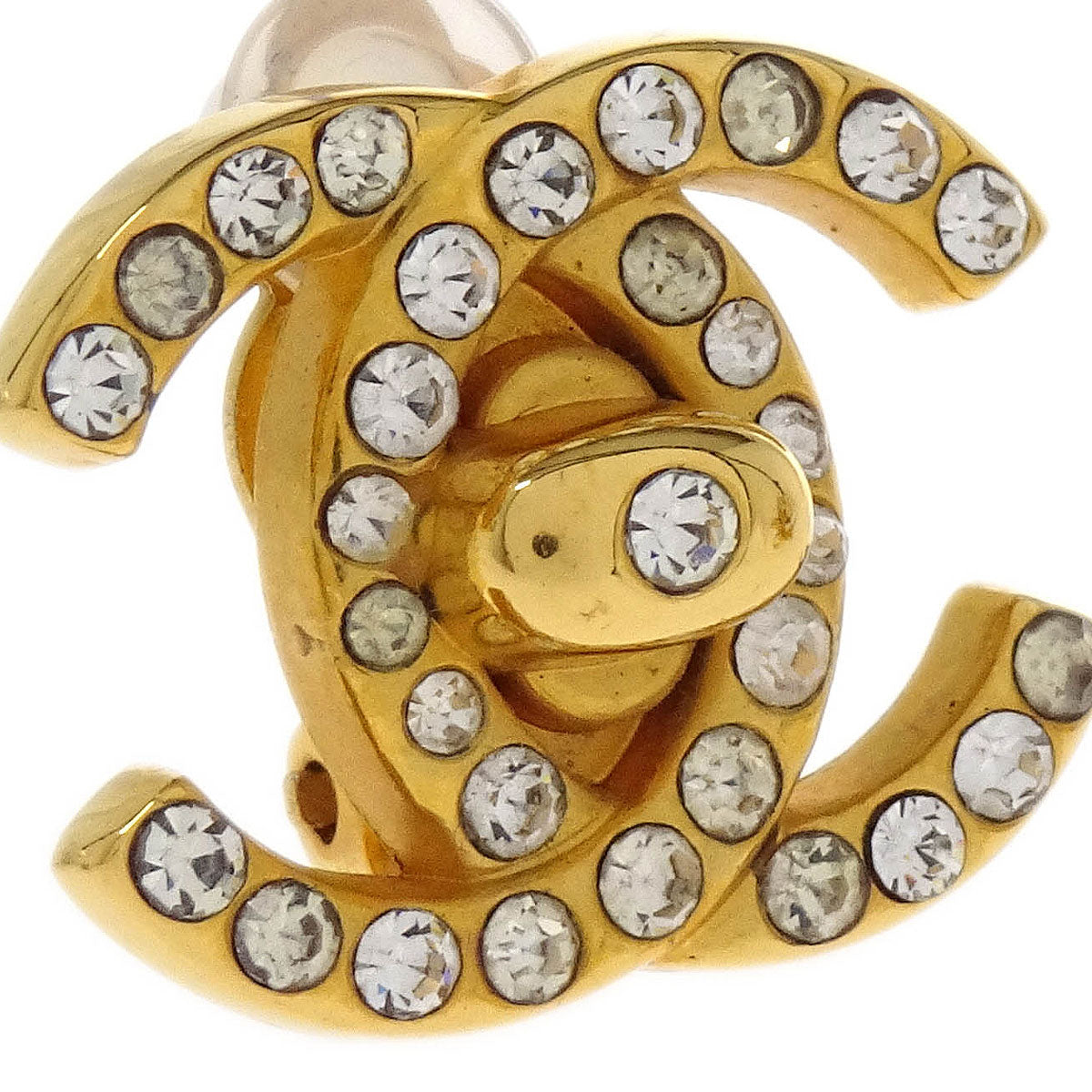 Chanel CC Turnlock Earrings Clip-On Gold Small Rhinestone 96A
