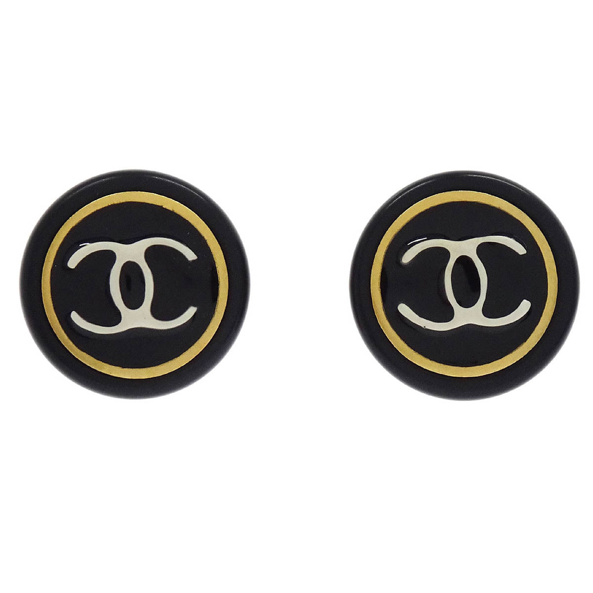 Chanel Button Earrings Clip-On Black Gold 97P