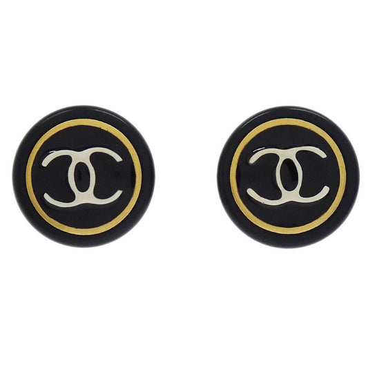 Chanel Button Earrings Clip-On Black Gold 97P