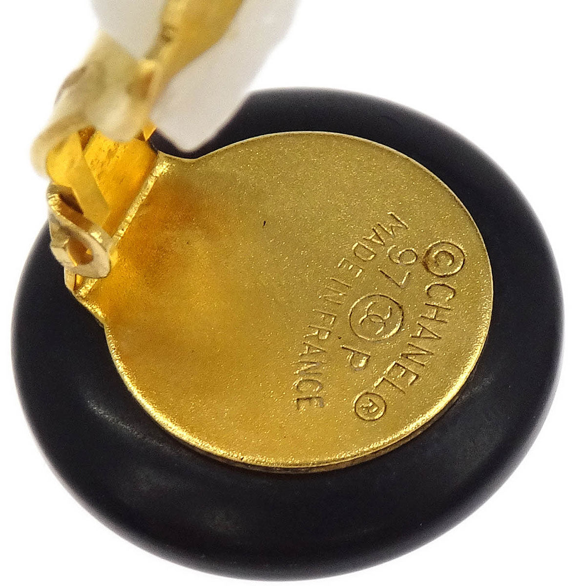 Chanel Button Earrings Clip-On Black Gold 97P