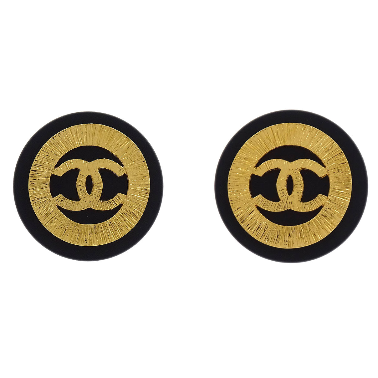 Chanel Button Earrings Clip-On Gold Black