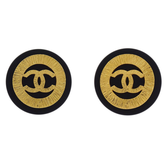 Chanel Button Earrings Clip-On Gold Black