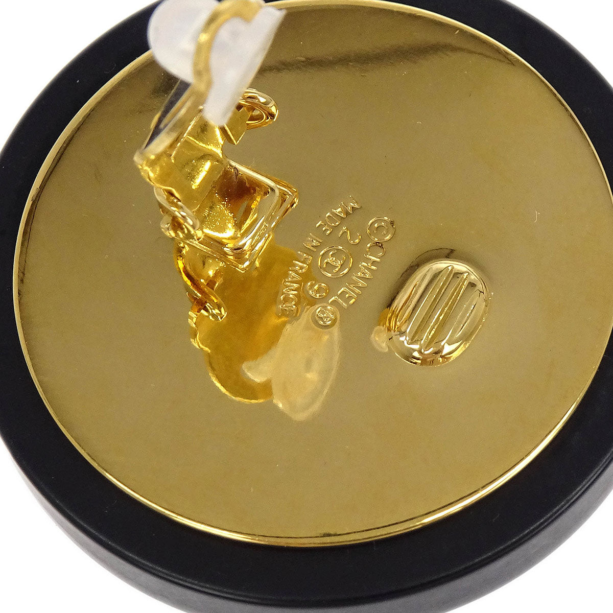 Chanel Button Earrings Clip-On Gold Black