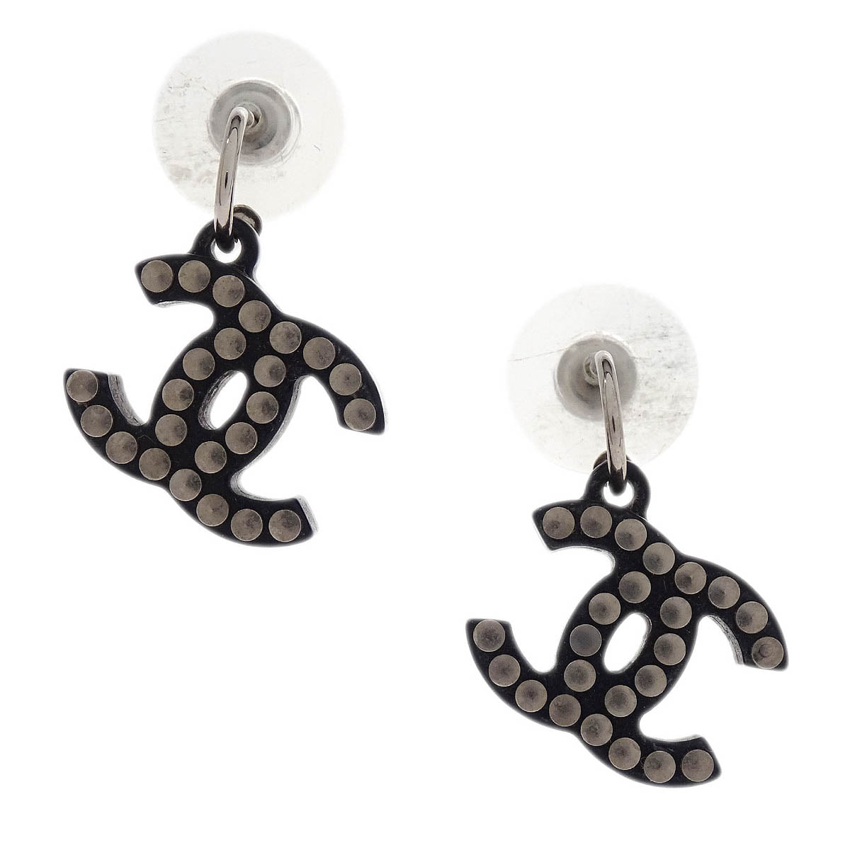 Chanel Piercing Dangle Earrings Silver Black 05P