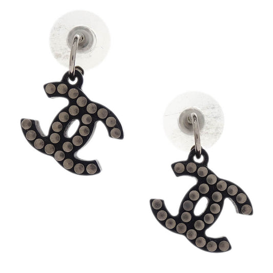 Chanel Piercing Dangle Earrings Silver Black 05P