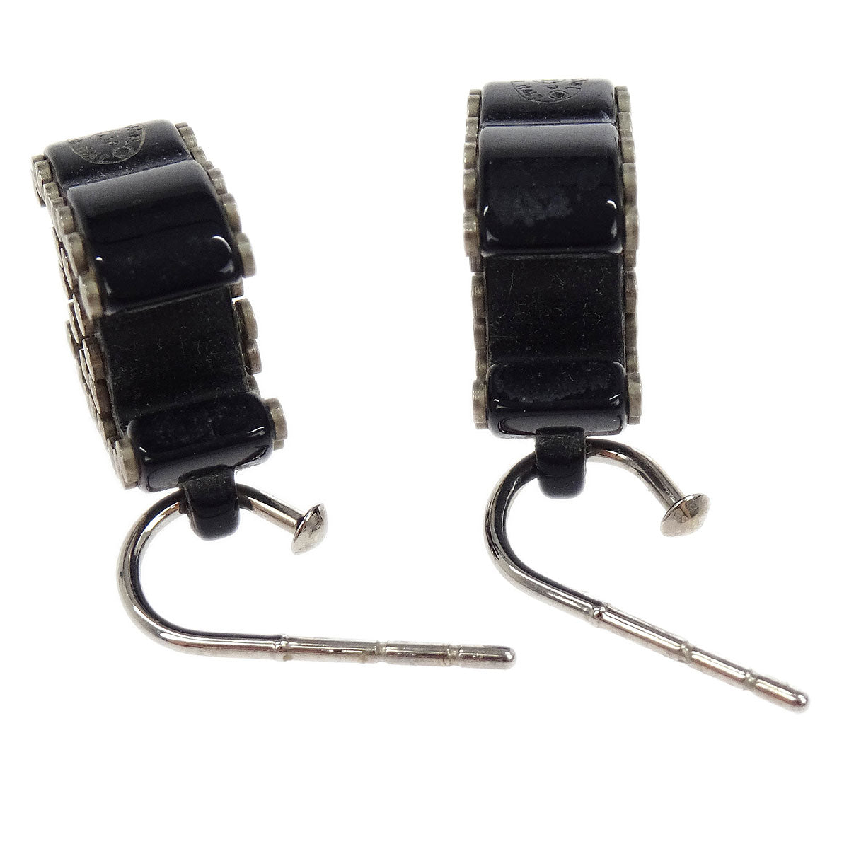 Chanel Piercing Dangle Earrings Silver Black 05P