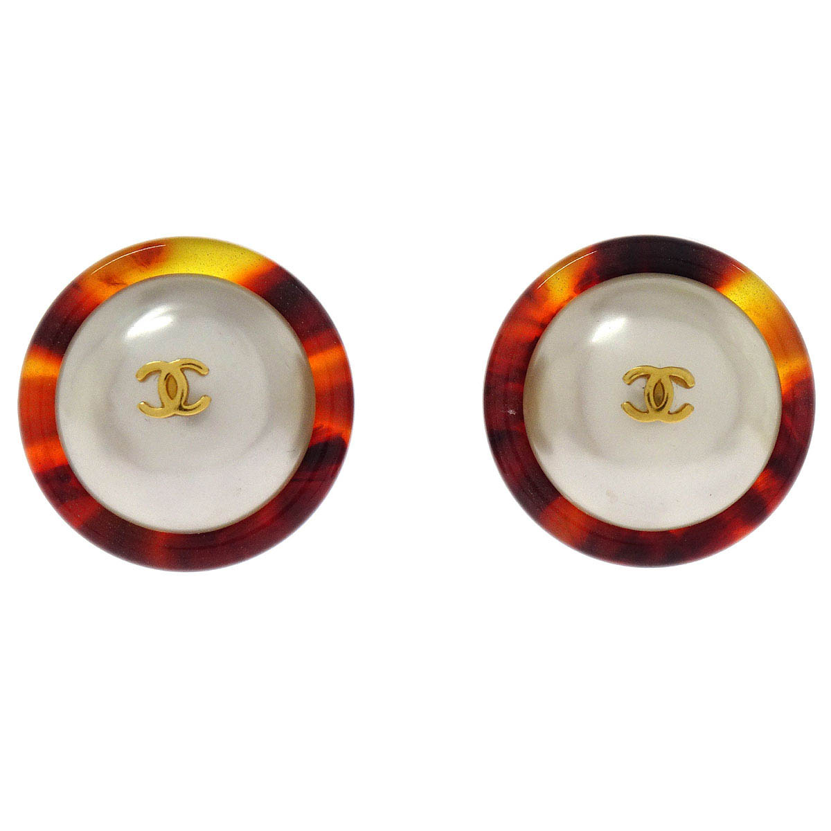Chanel Button Earrings Clip-On Gold White Brown Costume Pearl 97P