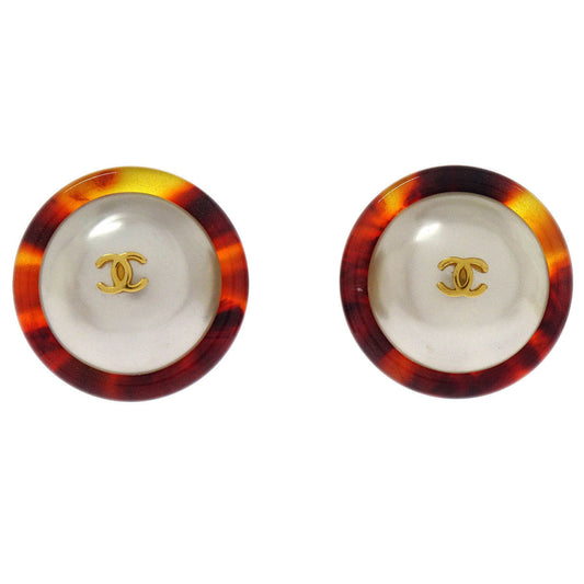 Chanel Button Earrings Clip-On Gold White Brown Costume Pearl 97P