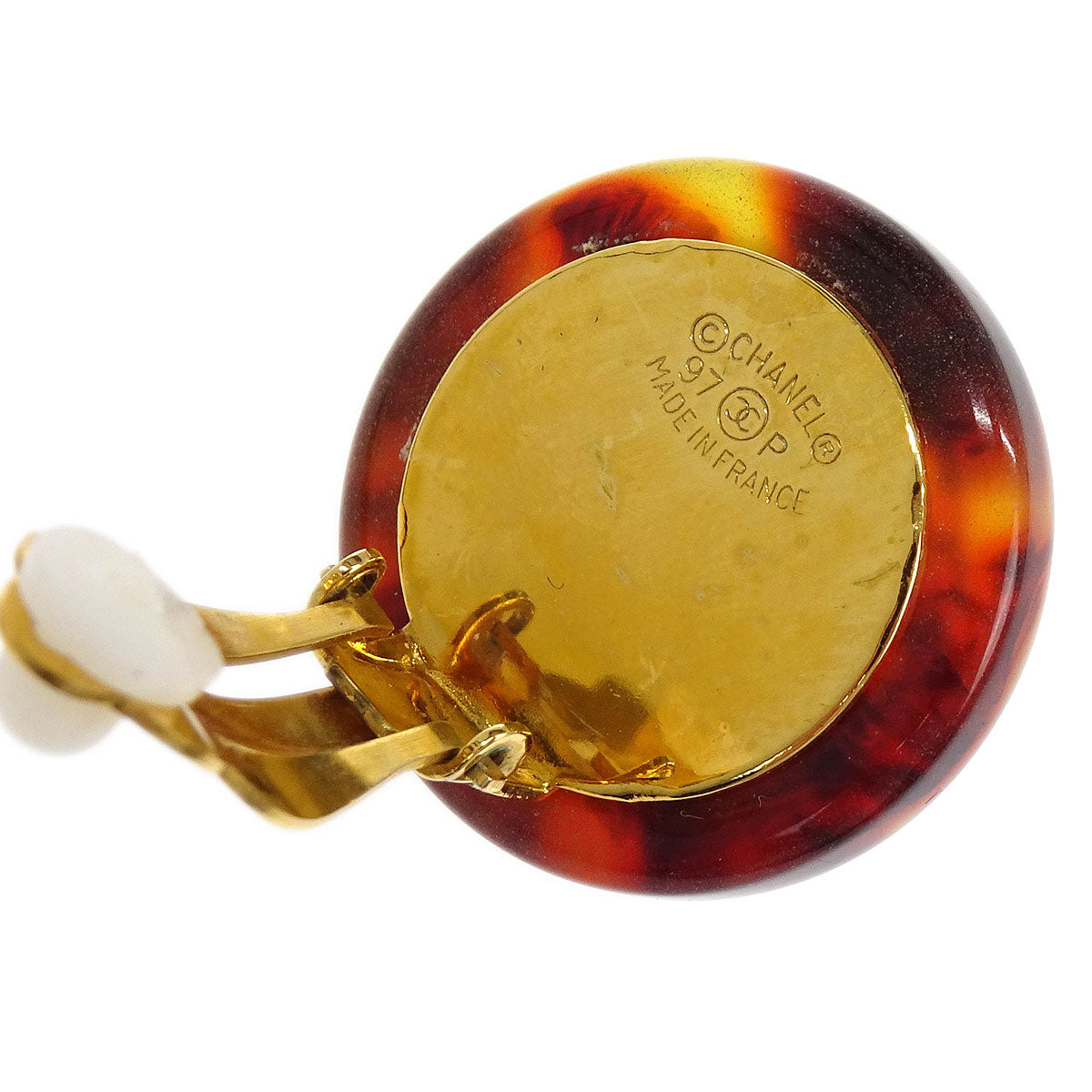 Chanel Button Earrings Clip-On Gold White Brown Costume Pearl 97P