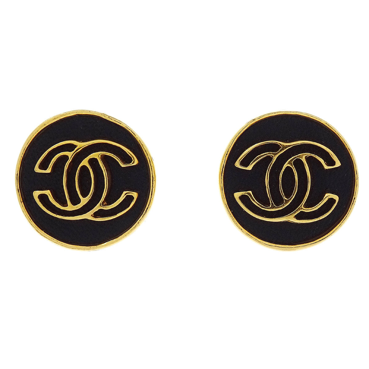 Chanel Button Earrings Clip-On Gold Black 03P