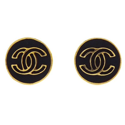 Chanel Button Earrings Clip-On Gold Black 03P