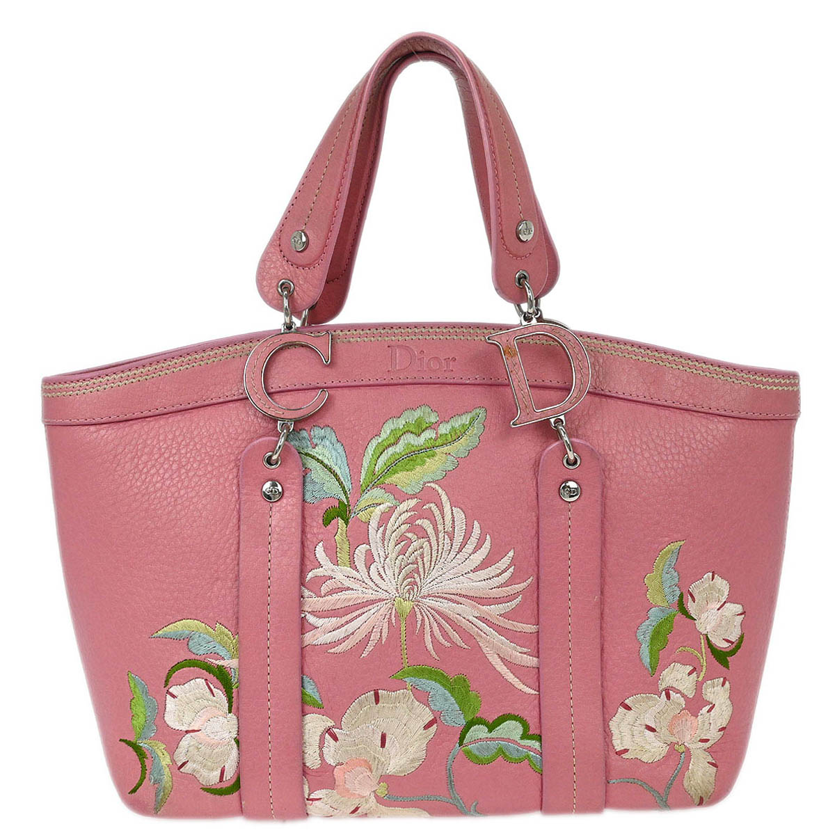 Christian Dior Pink Leather Embroidered Flower Tote Handbag