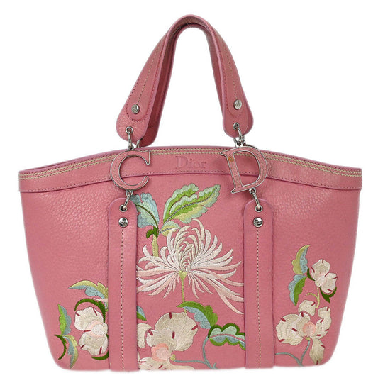 Christian Dior Pink Leather Embroidered Flower Tote Handbag