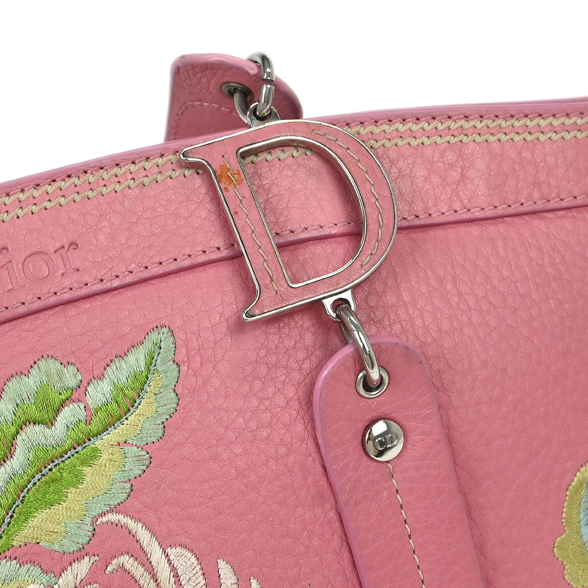 Christian Dior Pink Leather Embroidered Flower Tote Handbag