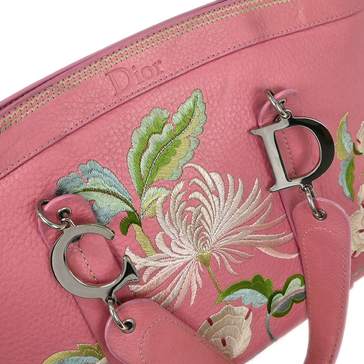 Christian Dior Pink Leather Embroidered Flower Tote Handbag