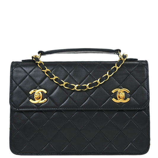 Chanel 1989-1991 Black Lambskin 2way Shoulder Handbag