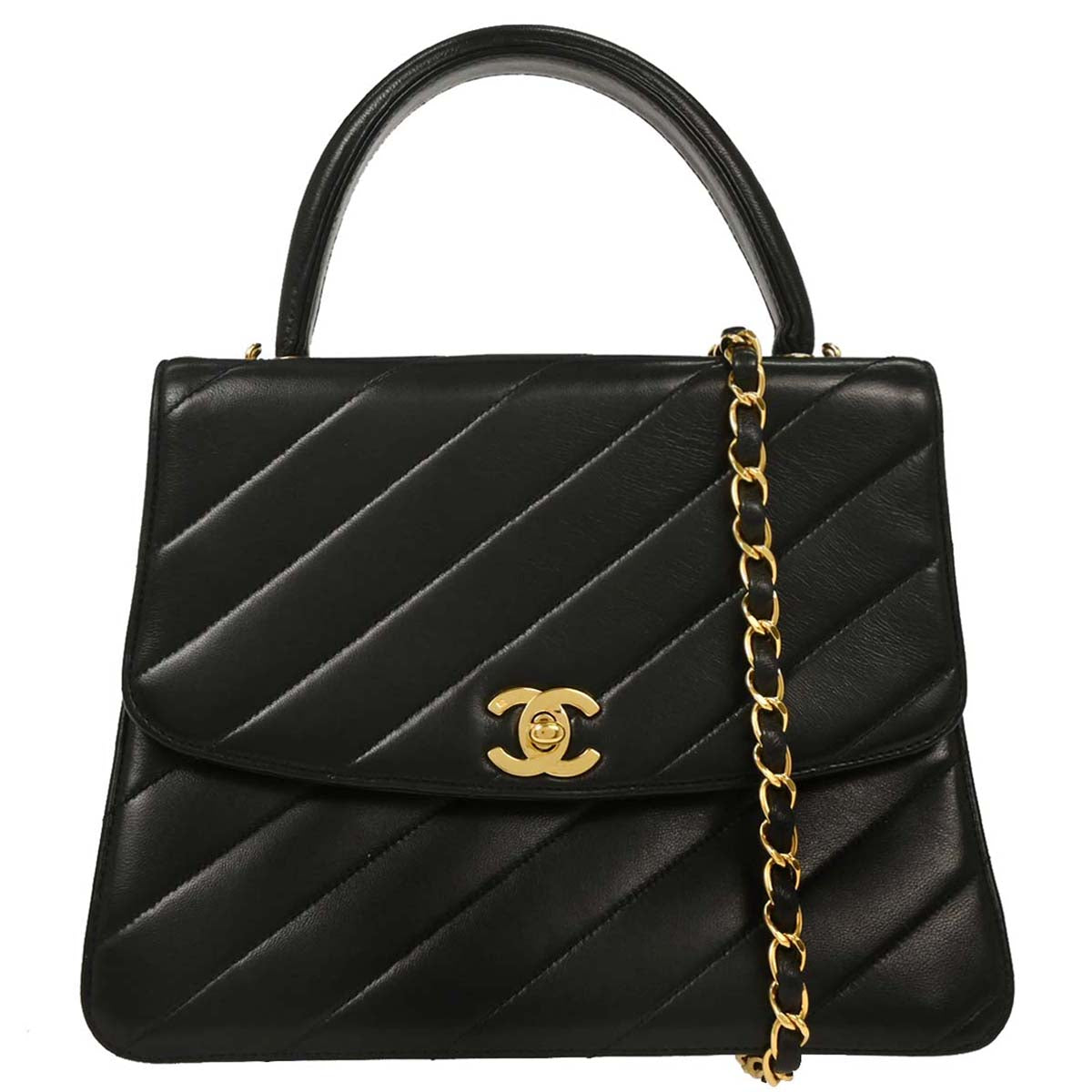 Chanel 1991-1994 Black Lambskin Kelly 2way Shoulder Handbag