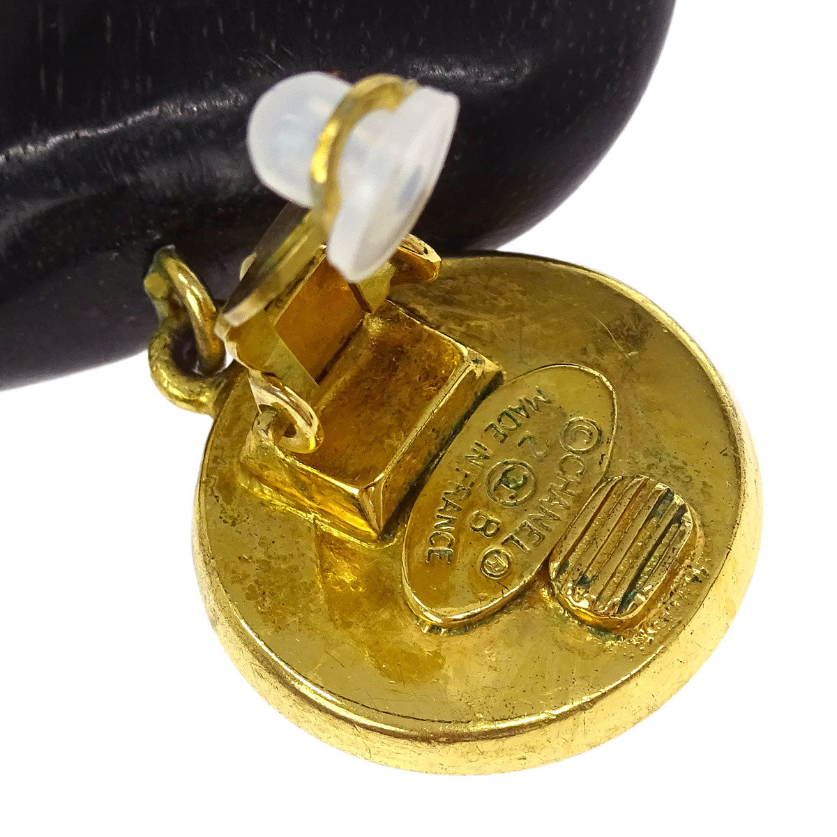 Chanel Costume Pearl Dangle Earrings Clip-On Gold Black Heart 28