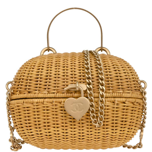 Chanel Beige Rattan Heart Lock Basket Bag 2way Shoulder Handbag