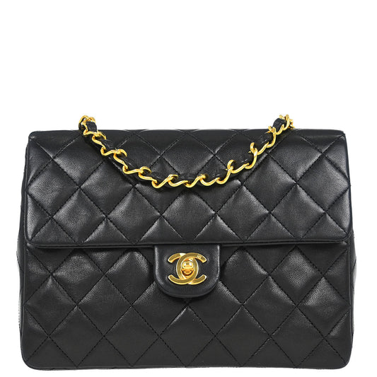 Chanel 1989-1991 Black Lambskin Classic Square Flap Shoulder Bag