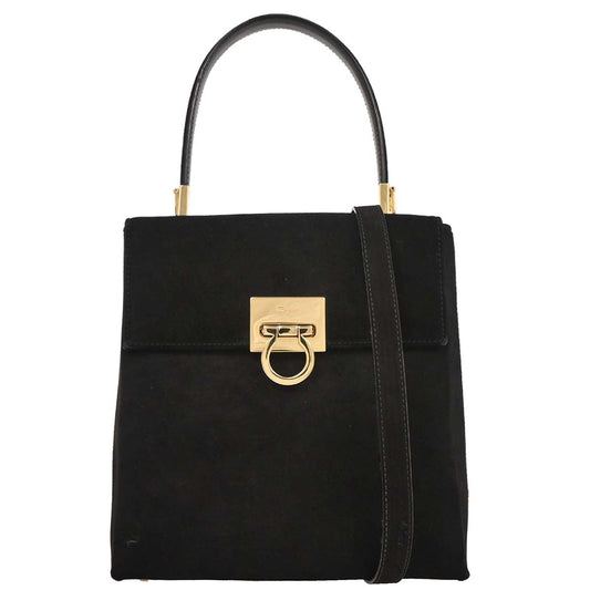 Salvatore Ferragamo Black Suede Gancini 2way Shoulder Handbag