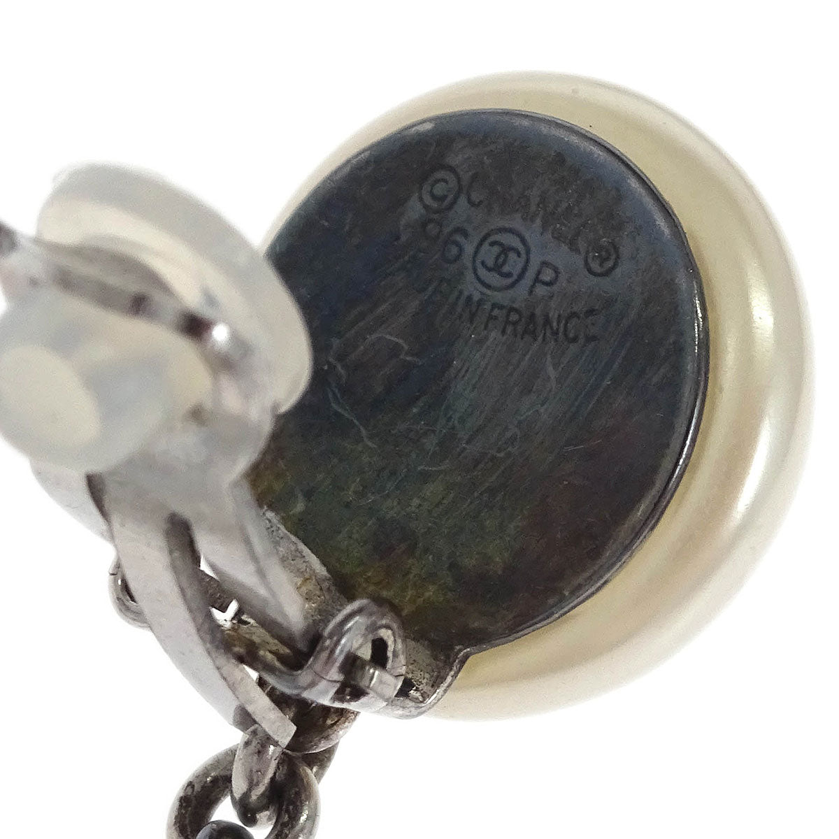 Chanel Dangle CC Earrings Clip-On Silver Costume Pearl 96P
