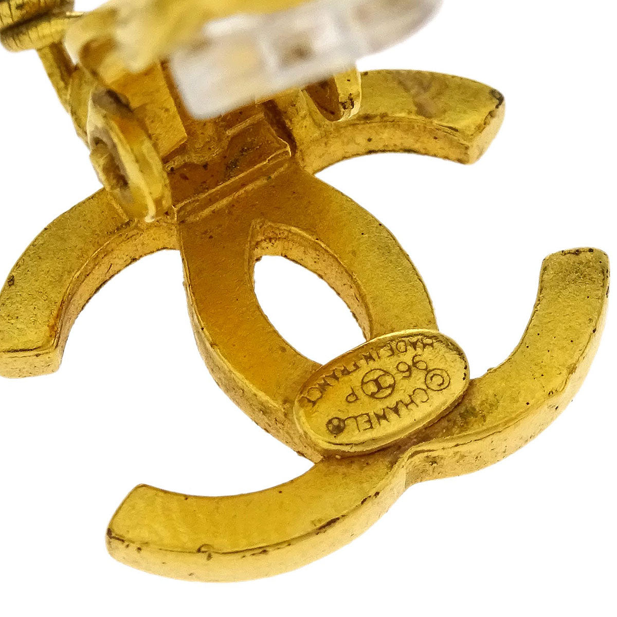 Chanel Gold CC Earrings Clip-On Dangle Costume Pearl 96P