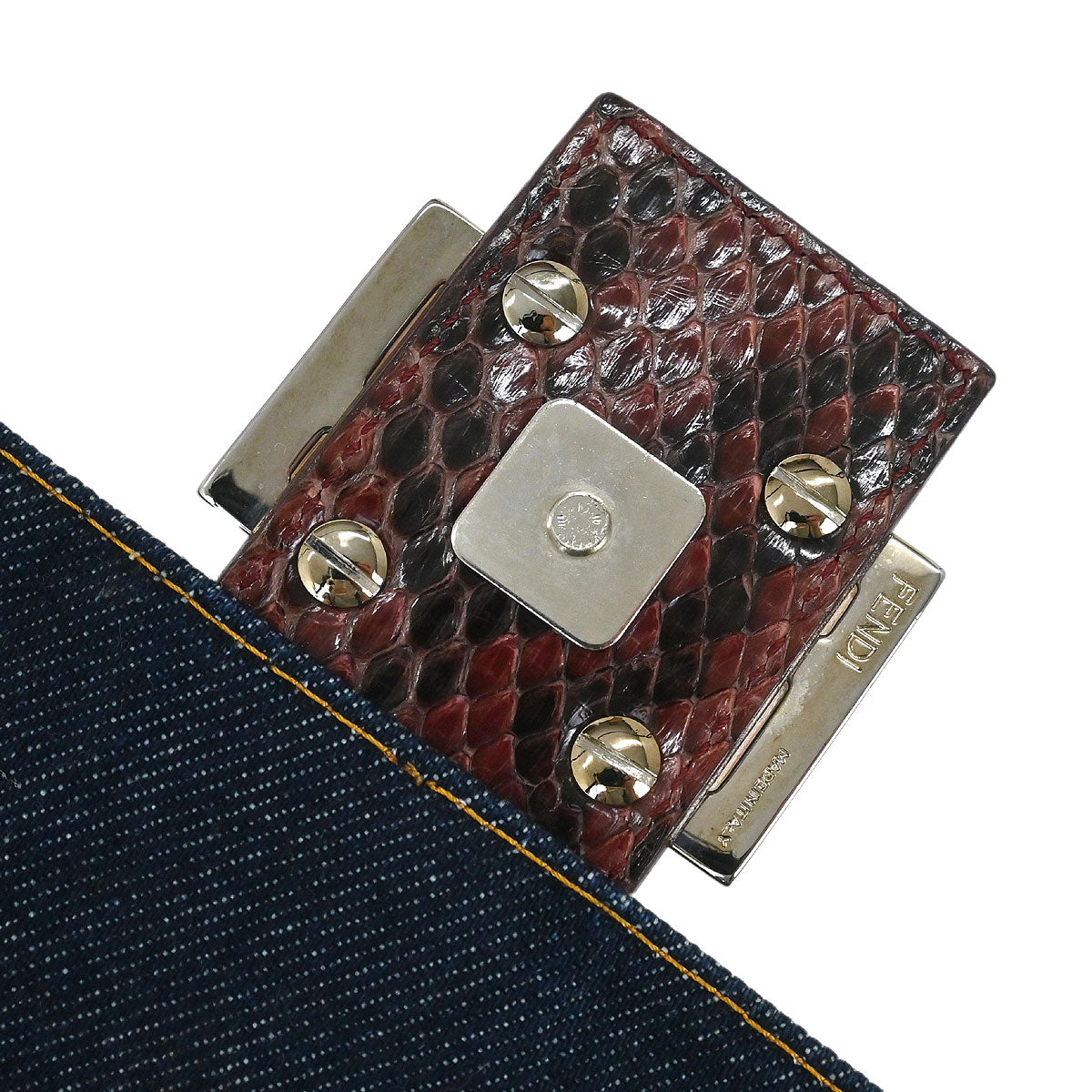 Fendi * Navy Brown Denim Python Mamma Baguette Handbag