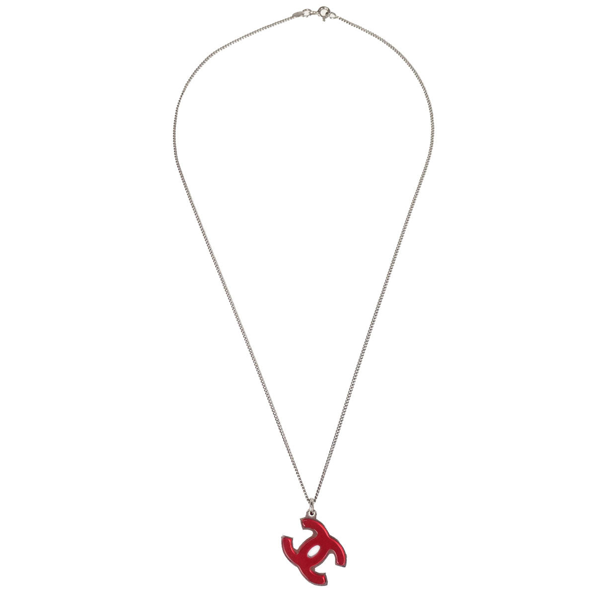 Chanel CC Chain Pendant Necklace Acrylic Silver Red Black 05P