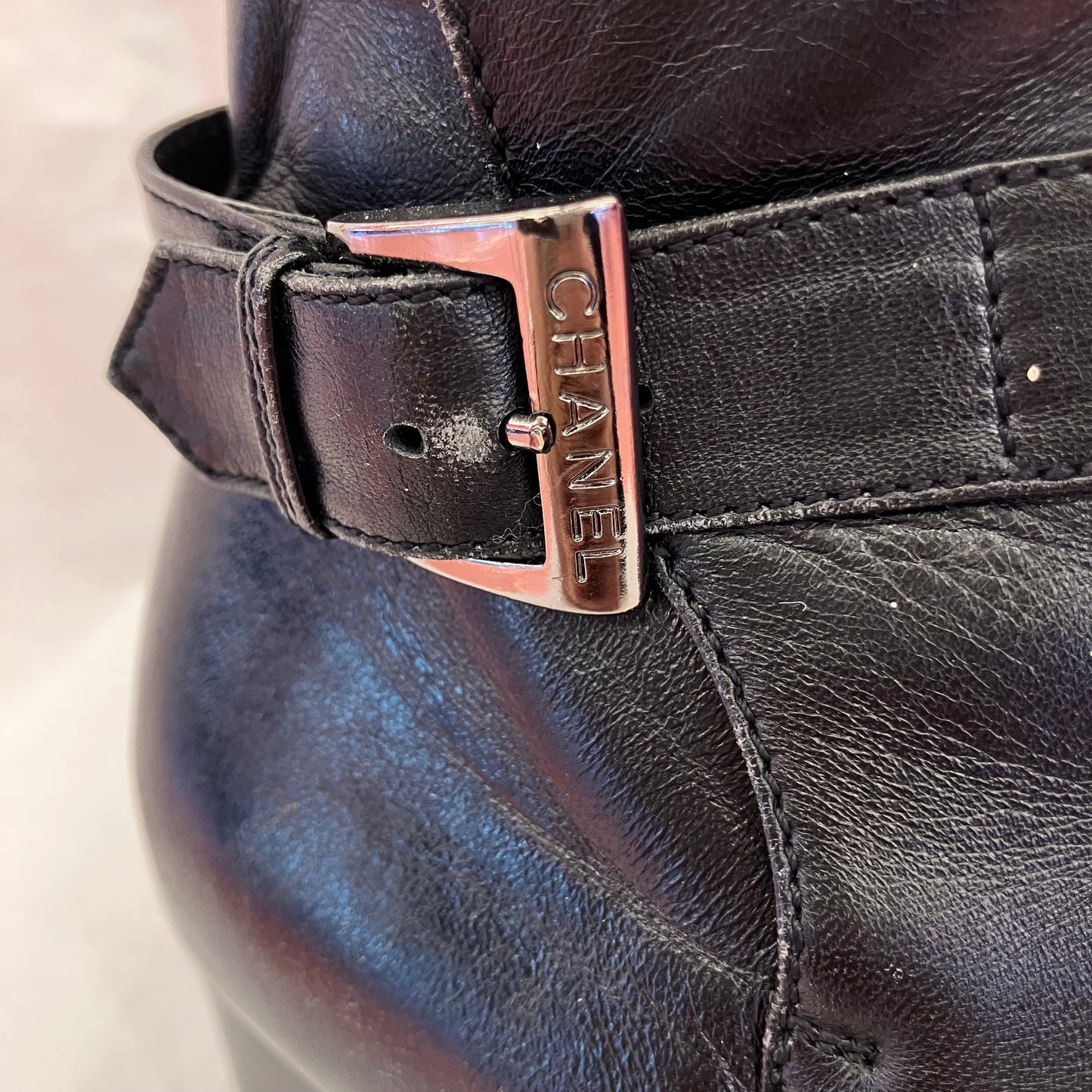 Chanel * Black Leather Short Boots Shoes #36 1/2