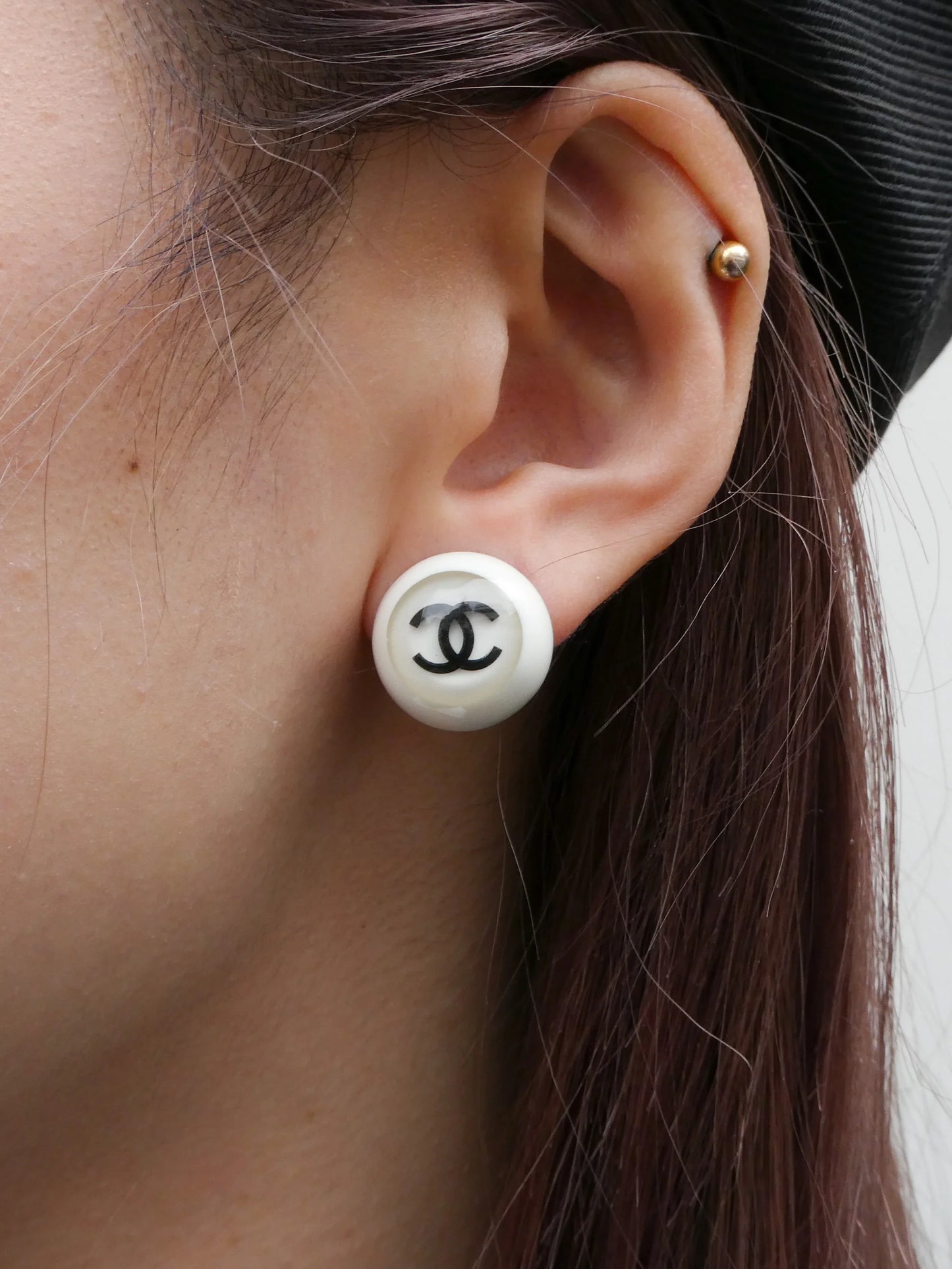 Chanel Button Earrings Clip-On White 01P