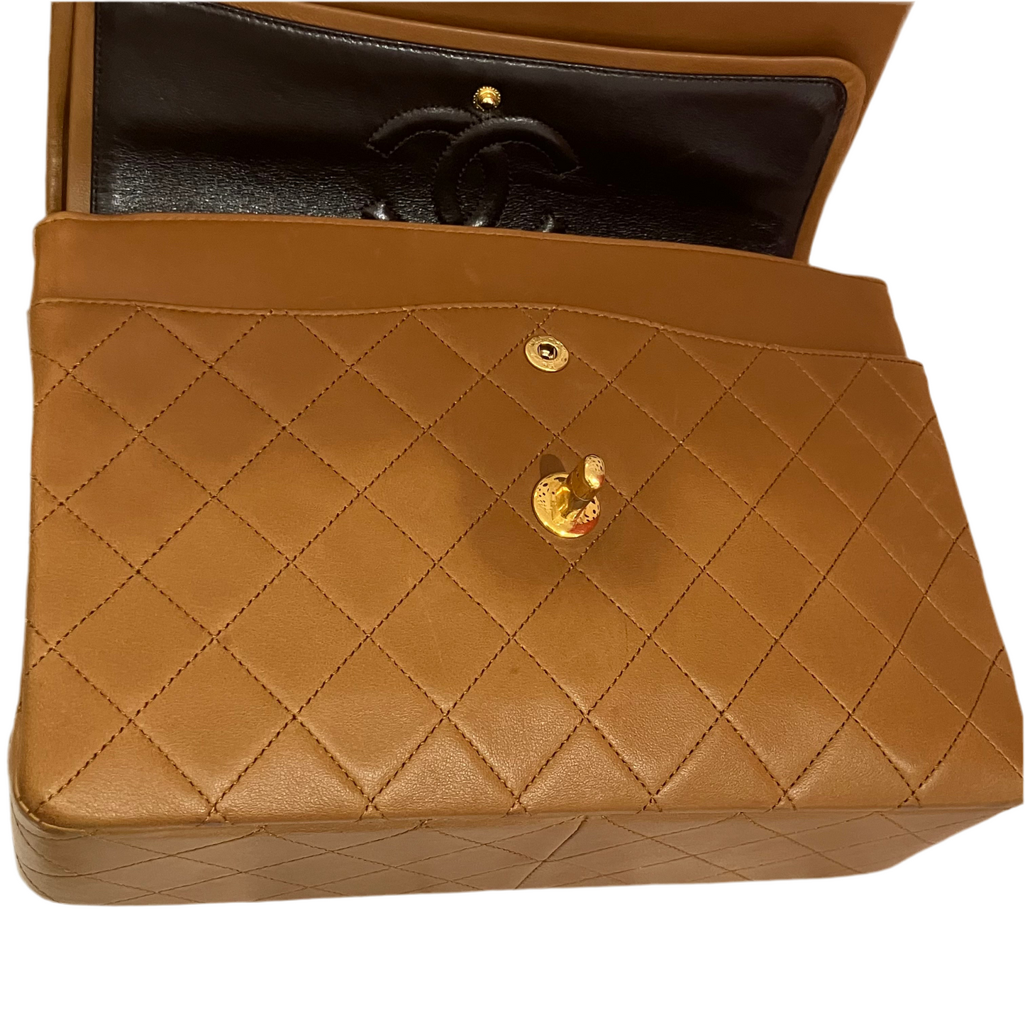 Chanel 1989-1991 Tall Classic Double Flap Medium Camel Lambskin