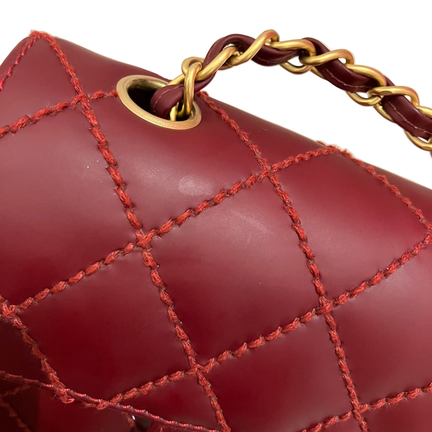 Chanel 2003-2004 Red Calfskin Wild Stitch Mini Classic Square Flap Bag