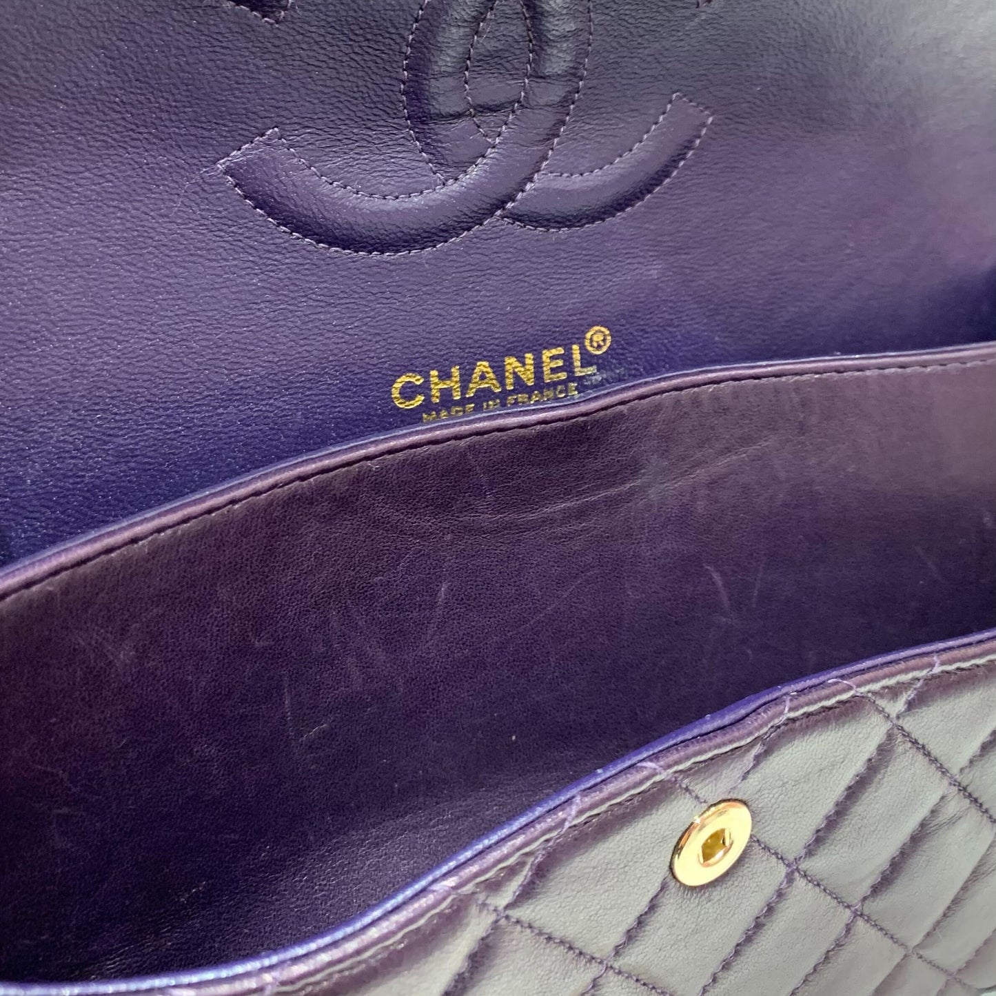 Chanel 2002-2003 Purple Lambskin Medium Classic Double Flap Shoulder Bag