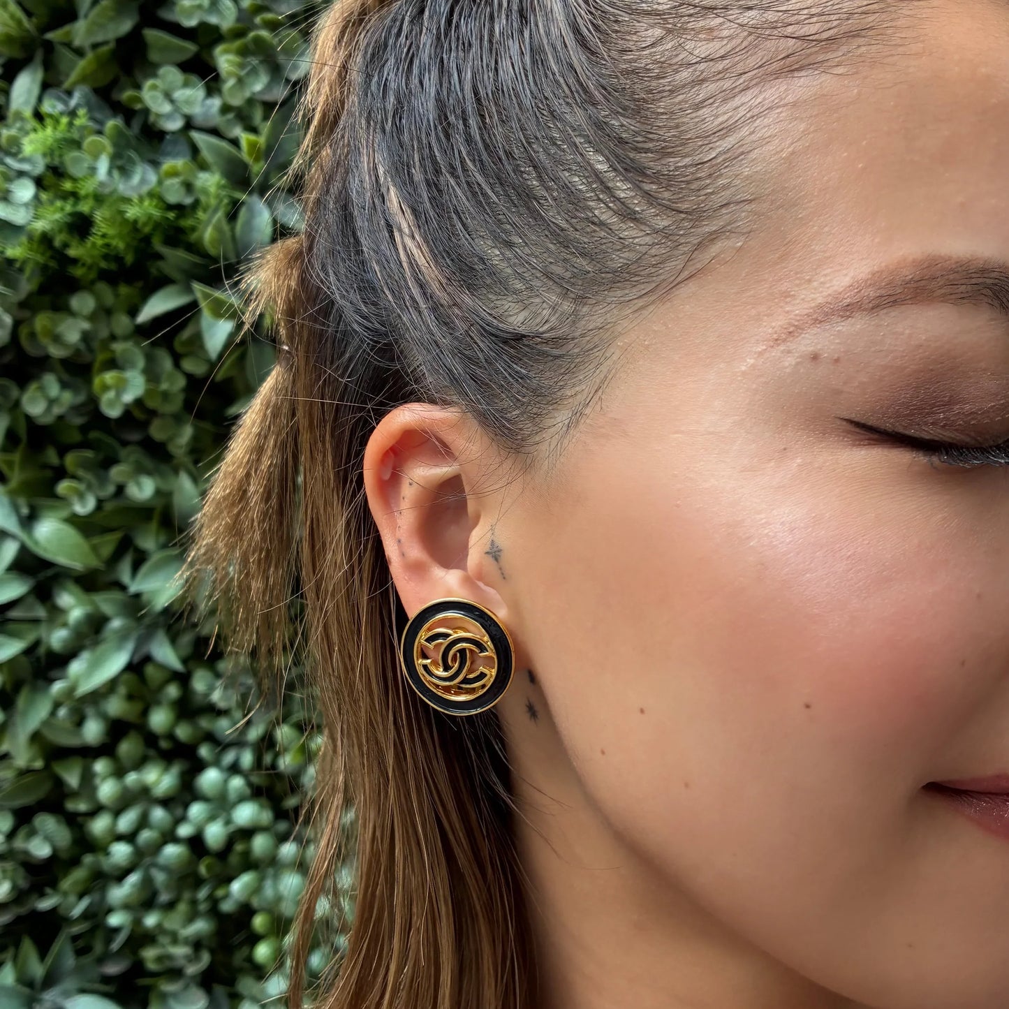 Chanel Button Earrings Black Clip-On 93C
