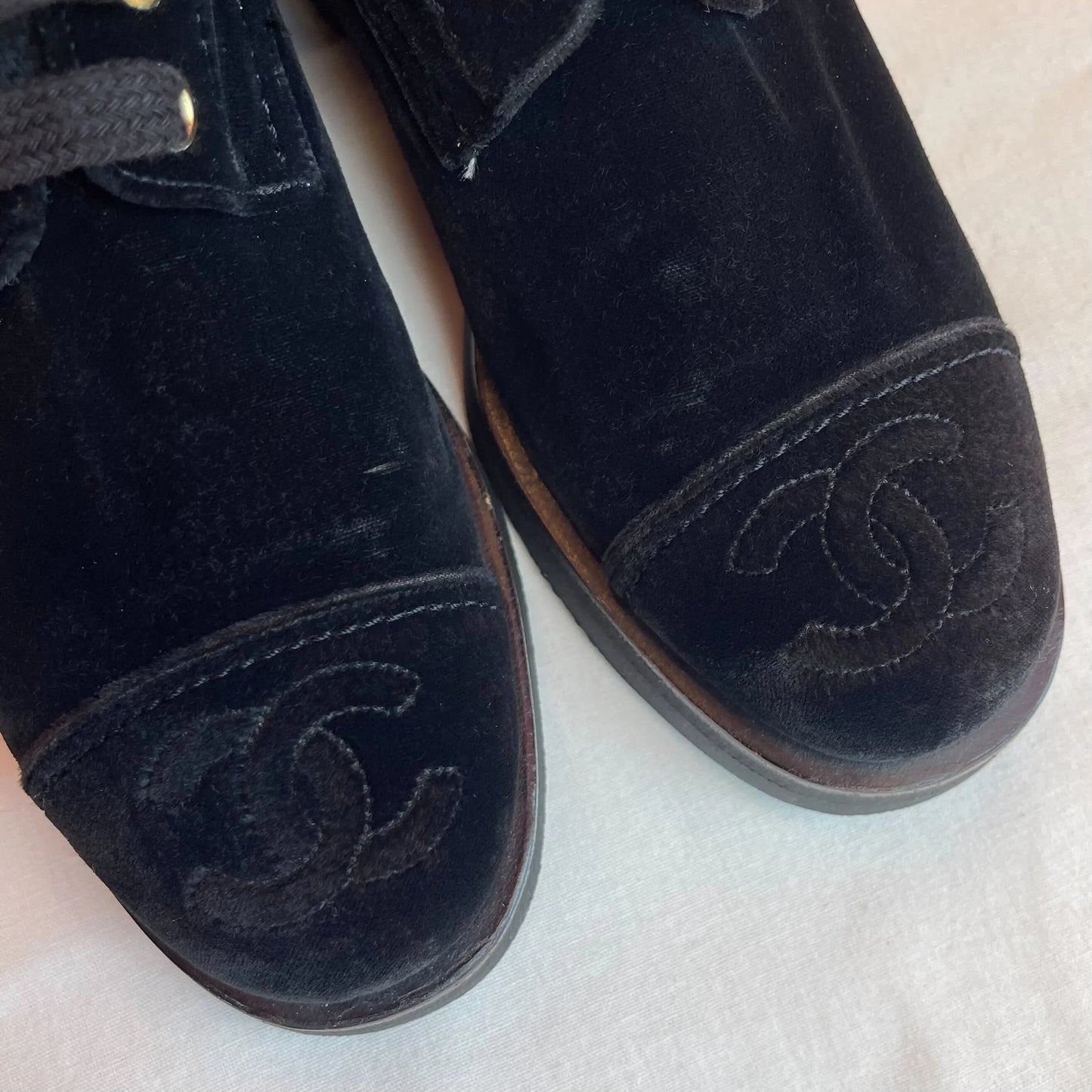 Chanel Black Velvet Lace-Up Boots Shoes #36 1/2