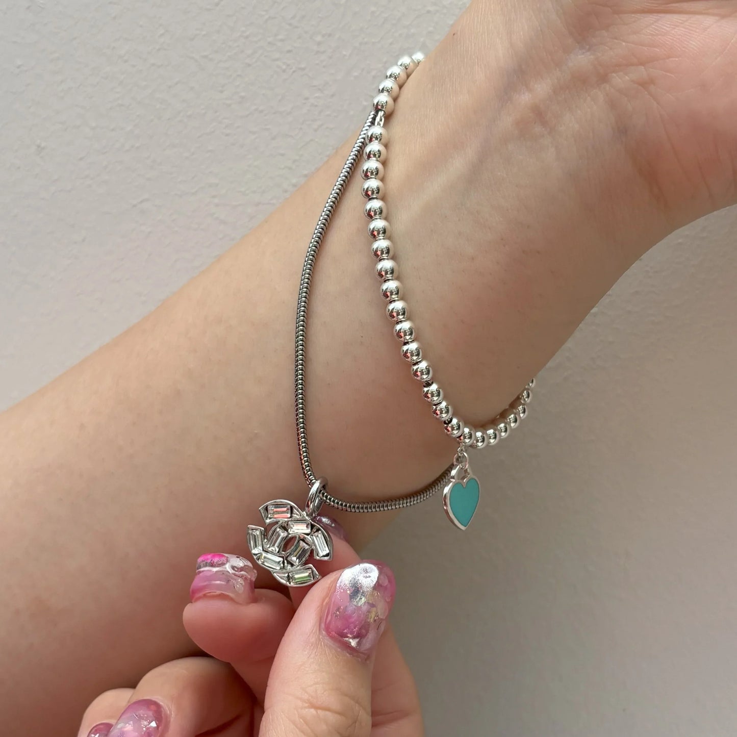 Chanel Silver Chain Bracelet Rhinestone 01P