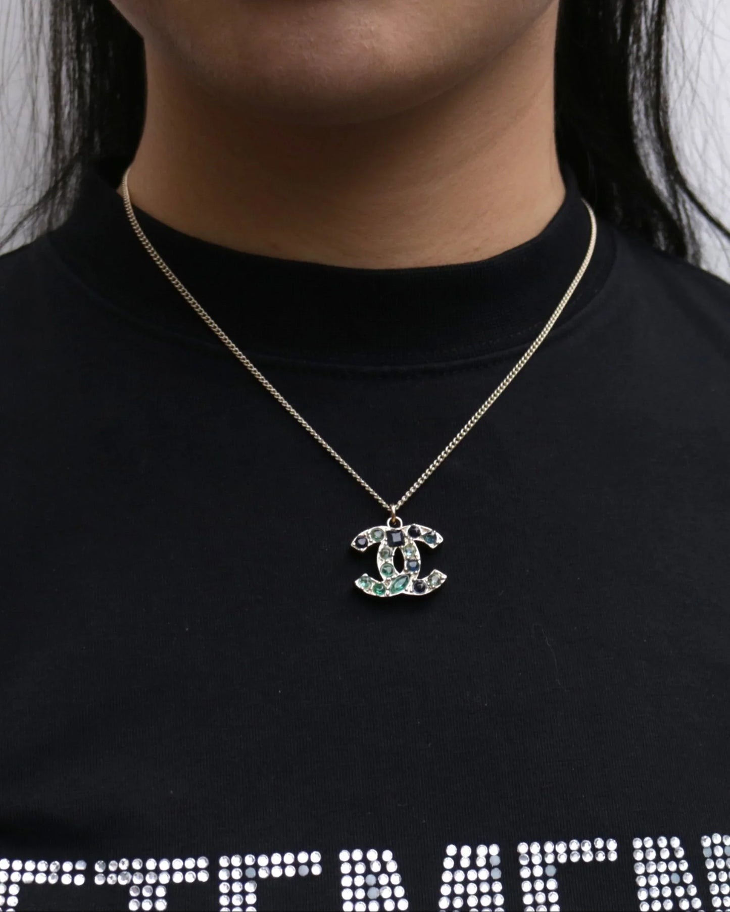 Chanel CC Chain Necklace Pendant Stone Gold 07A