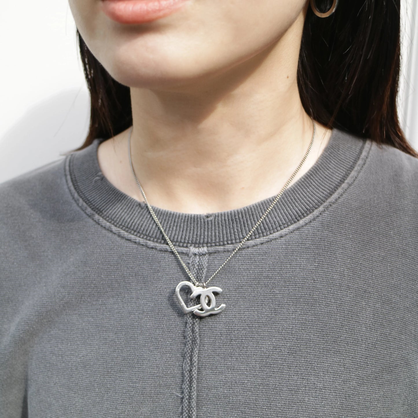 Chanel CC Heart Chain Necklace Silver 04P
