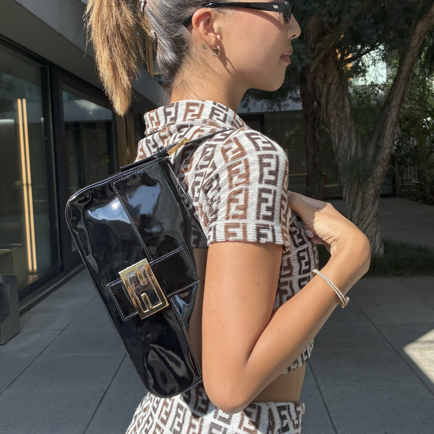 Fendi 2008 Black Patent Leather Baguette Handbag