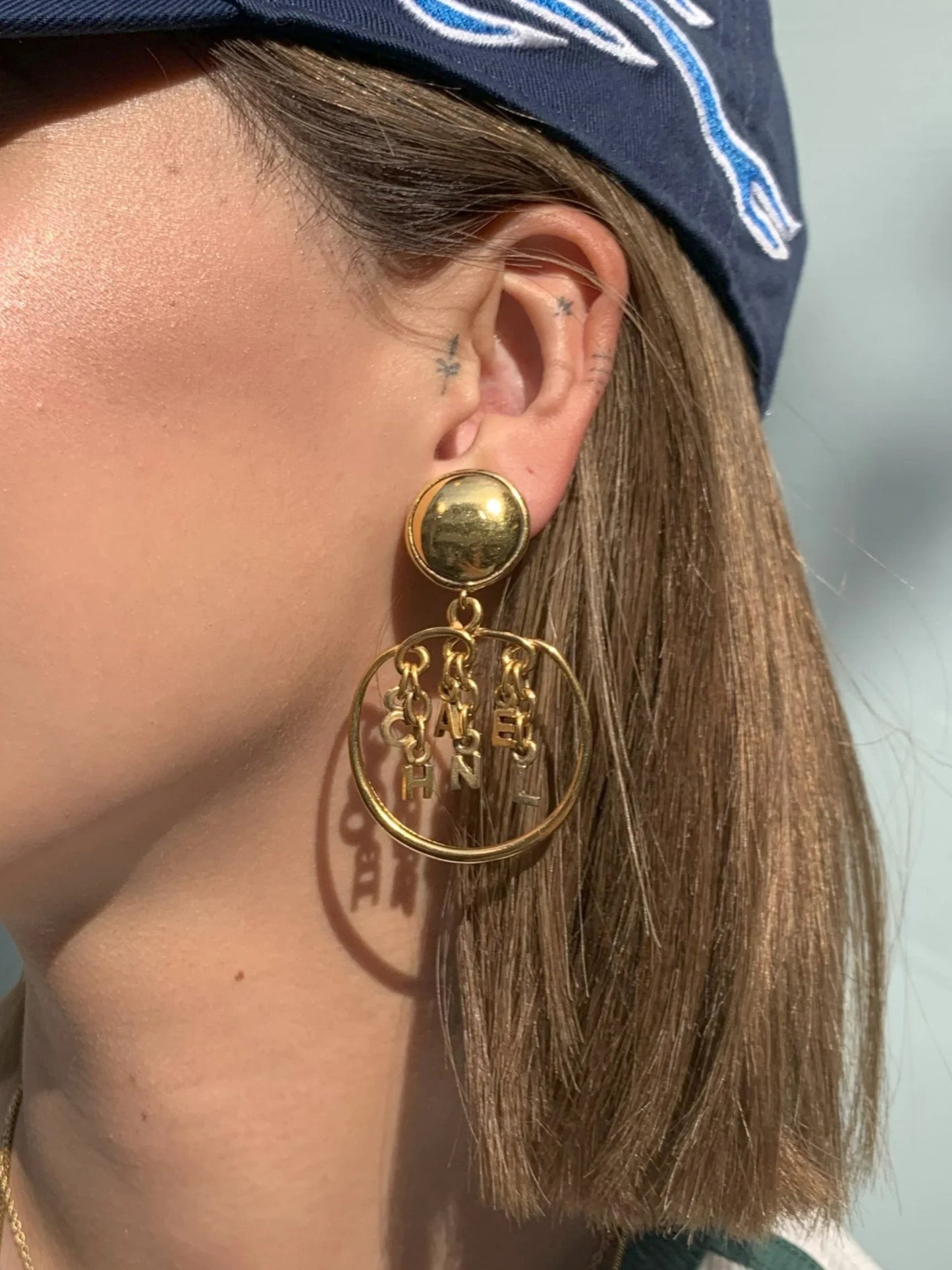 Chanel Dangle Hoop Earrings Gold