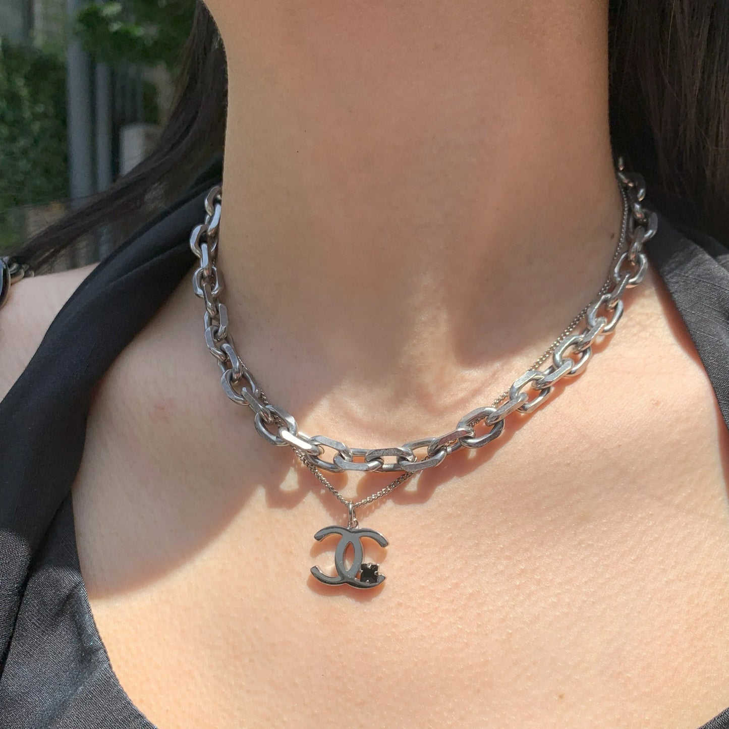 Chanel CC Chain Necklace Pendant Rhinestone Silver 05P